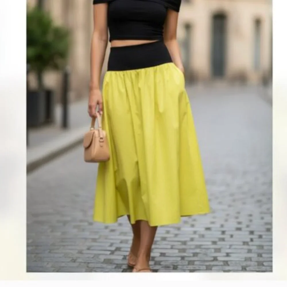 NWOT Free People  Color Block Midi Cotton Skirt Lime Green Black Medium